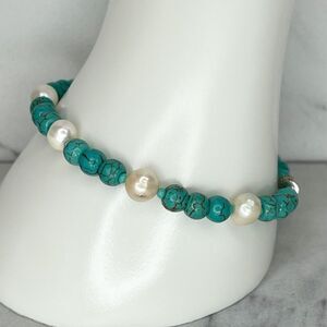 Faux Turquoise Faux Pearl Beaded Screw Clasp Bracelet